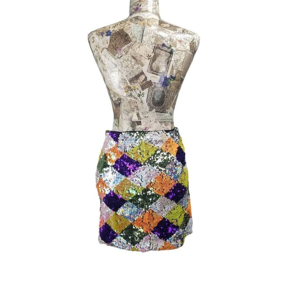Multi Color Sequin Diamond Pattern Stretch Mini Skirt - Picture 7 of 10